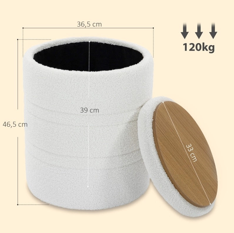 Pouf contenitore rotondo in tessuto Sherpa bianco, 33 L, per soggiorno e camera da letto