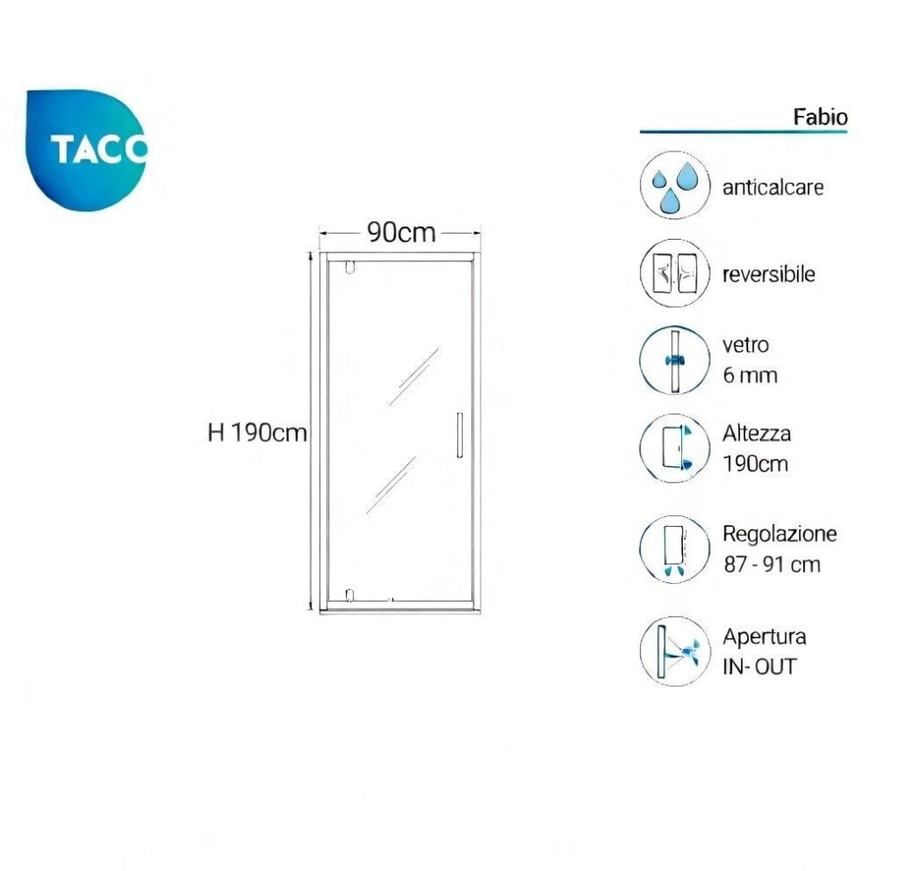 Box doccia nicchia 90 cm porta battente H190 cm FABIO - Cromato Lucido