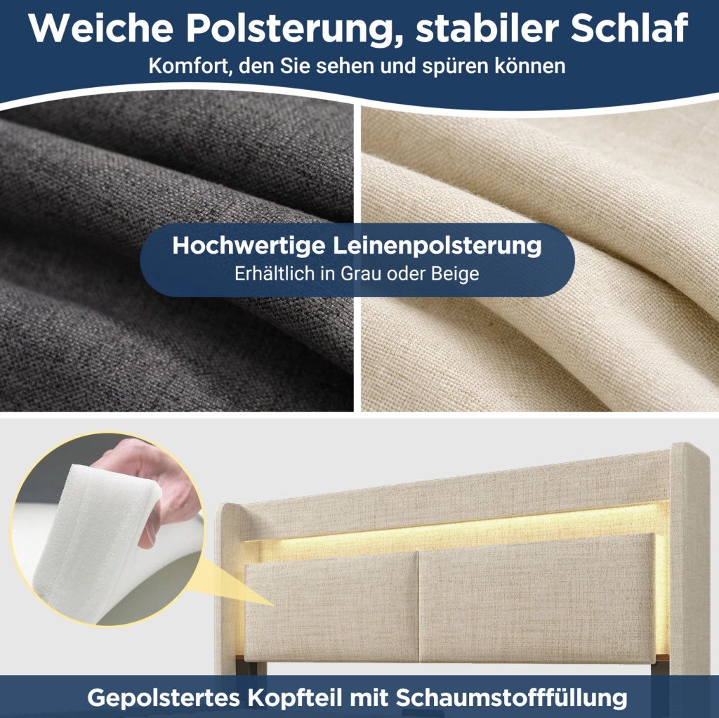 Letto imbottito 160x200 cm beige con LED, USB e vano idraulico