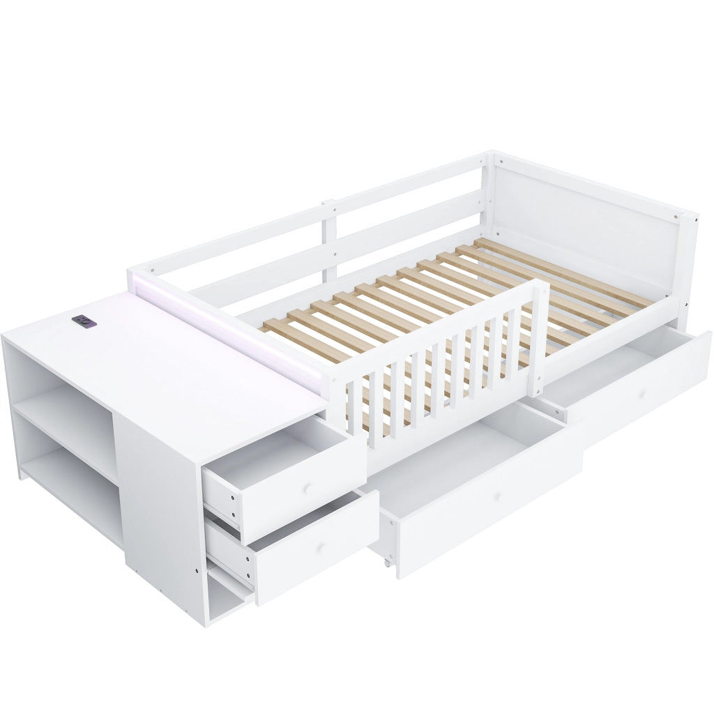 Letto a castello per bambini 90x200 cm con spazio contenitore separato, scrivania, presa elettrica, illuminazione LED, doppie cassettiere e sponde di sicurezza, bianco