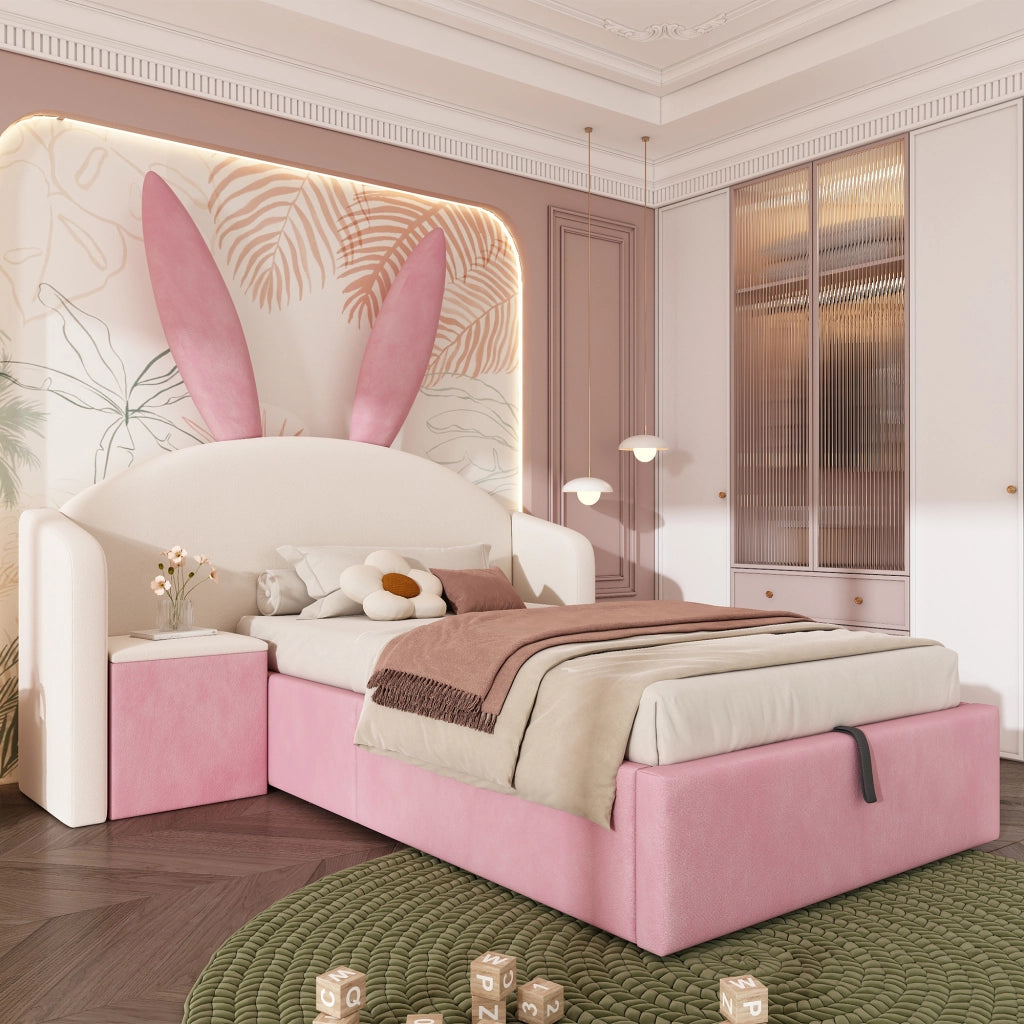 Letto per bambini 90 × 200 cm con contenitore idraulico e comodino; senza materasso; velluto beige e rosa