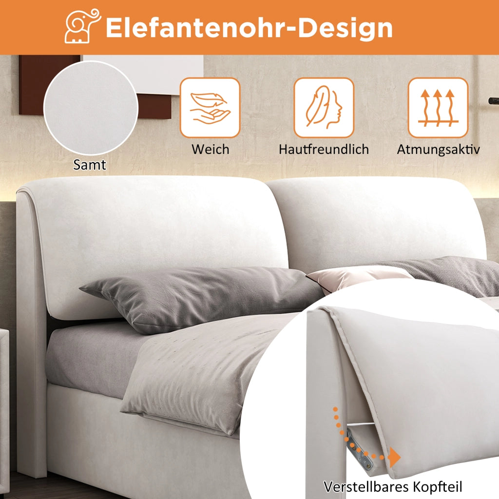 Letto matrimoniale contenitore 140 × 200 cm con tre cassetti in velluto beige e testiera regolabile