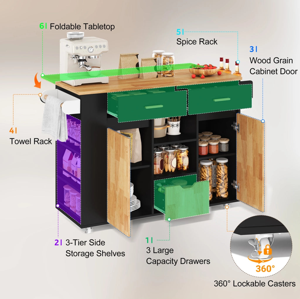 Isola cucina mobile con piano allungabile, carrello con 3 cestoni e scaffale porta spezie, 120 × 45(71) × 90 cm, mobili con ruote bloccabili