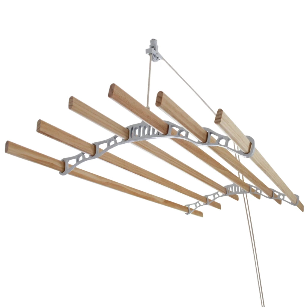 Stendibiancheria da Soffitto con 6 Stecche Legno 150cm e Supporti Ghisa Bianchi
