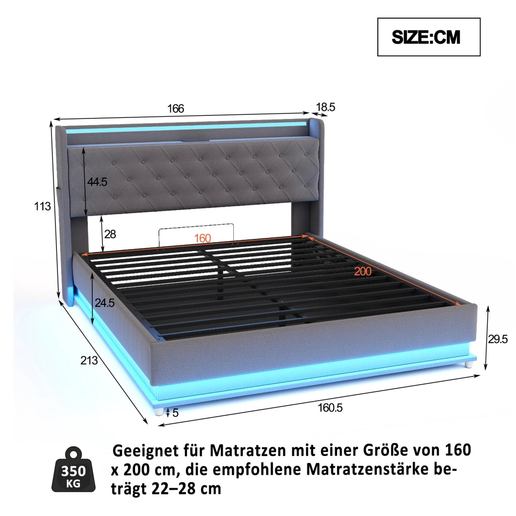 Letto imbottito LED 160x200 cm con porta USB e contenitore idraulico; grigio
