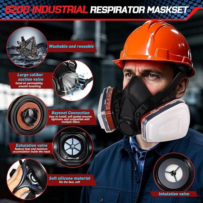Semimaschera Respiratoria 6001 con Filtri Intercambiabili in Silicone Maschera Antipolvere e Verniciatura Regolabile per Fai da Te