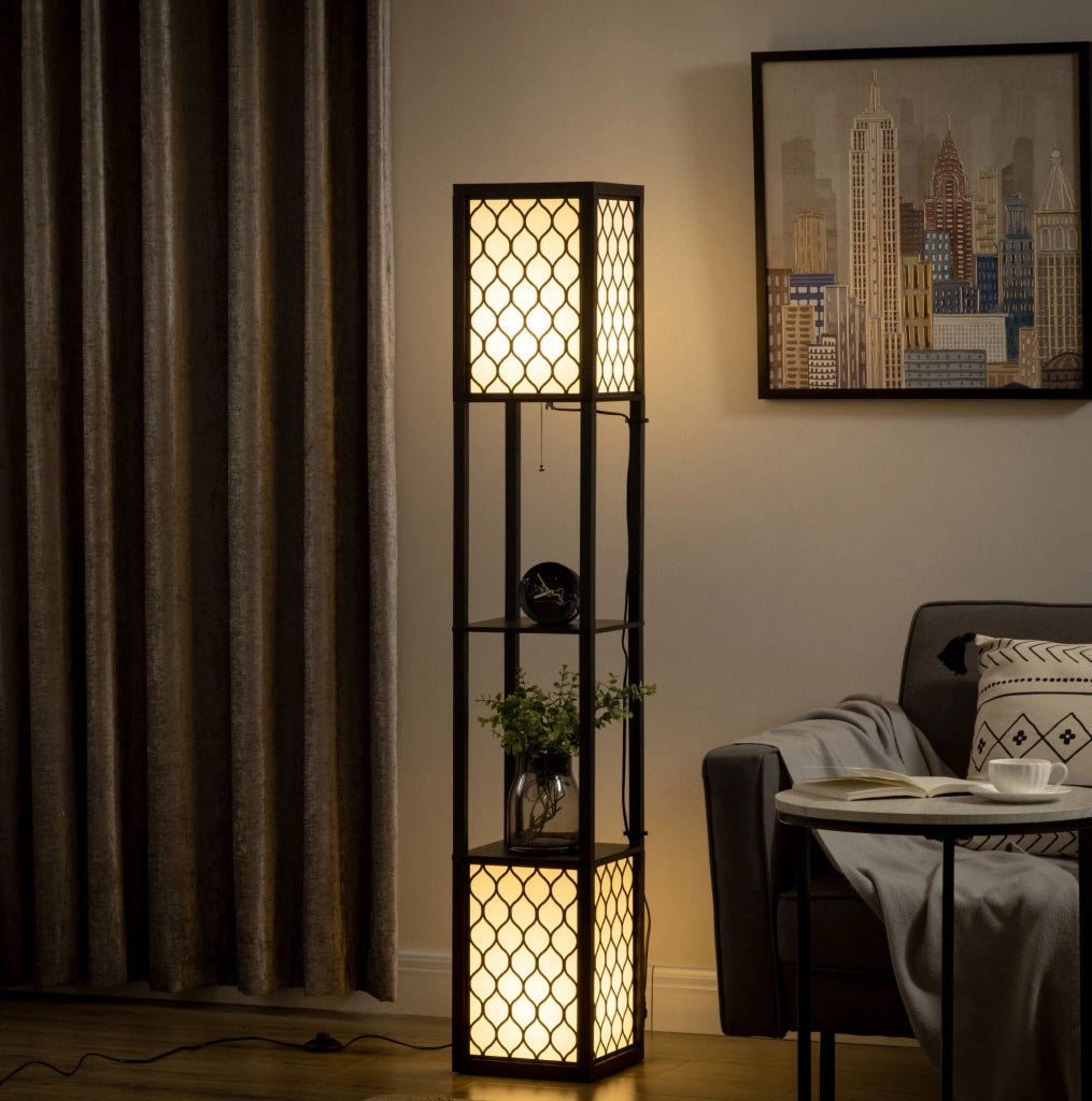 Lampada da terra con scaffale doppio e doppia illuminazione, 40W, portalampada E27, interruttore a catena, per soggiorno e camera da letto