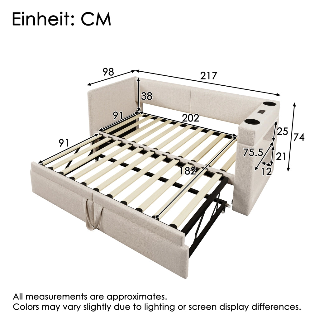 Daybed Imbottito 90x200 cm con Letto Estraibile; USB/Type-C e Portabicchieri; Tessuto Lino-Cotone Beige
