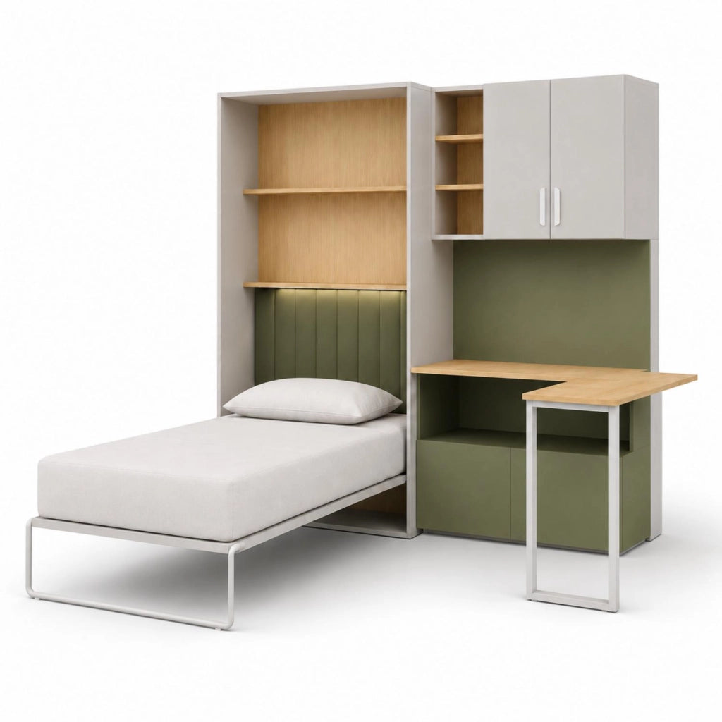 Cameretta Moderna Con Letto A Scomparsa Scrivania Armadio E Cassettiera Composizione Salvaspazio In Melaminico Per Bambini Ragazzi E Ospiti 133 X 208.5 X 45-216 Cm Cashmere E Verde
