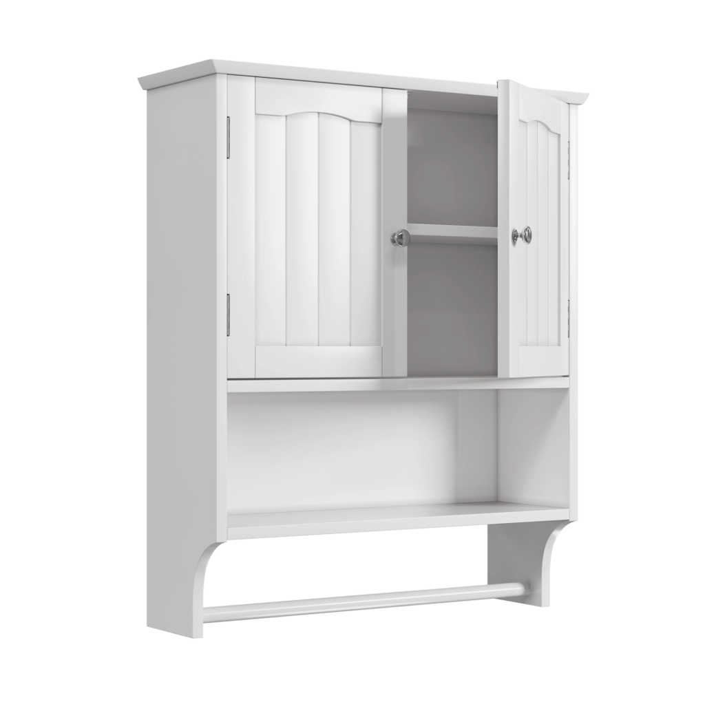 Mobiletto bagno bianco da parete con portasciugamani, 2 ripiani regolabili, 56,8x19x70 cm
