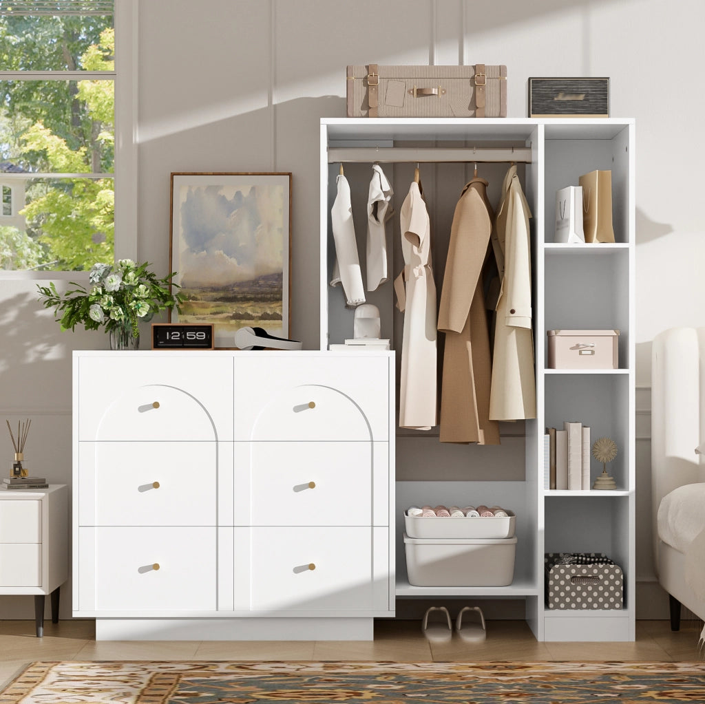 Armadio guardaroba multifunzione bianco con 6 cassetti e appendiabiti