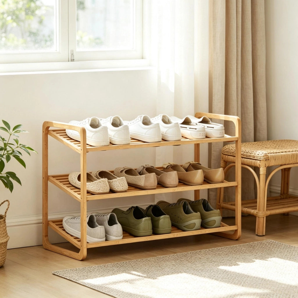 Scaffale per scarpe in bambù a 3 livelli, capacità fino a 12 paia, salvaspazio per ingresso 76x33x50,8 cm