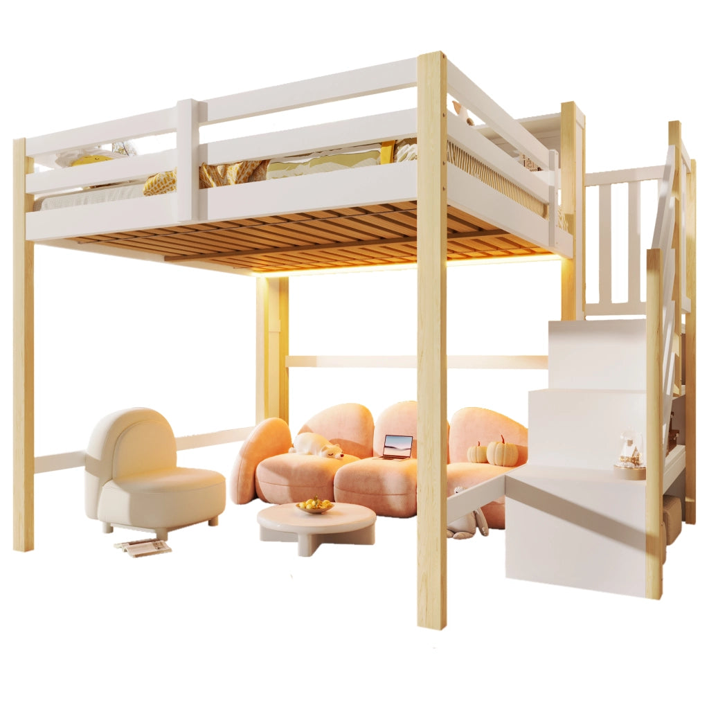Letto a soppalco 140x200 cm con LED; scala contenitore e vani a giorno bianco naturale