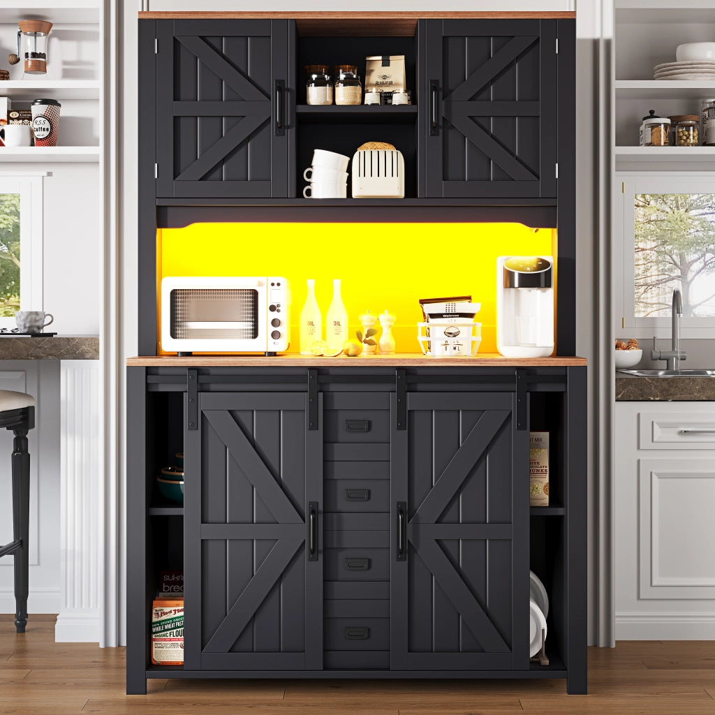 OKWISH Credenza alta da cucina con ante scorrevoli e 2 cassetti, ripiani regolabili e LED, per cucina, 115 × 40 × 174,7 cm