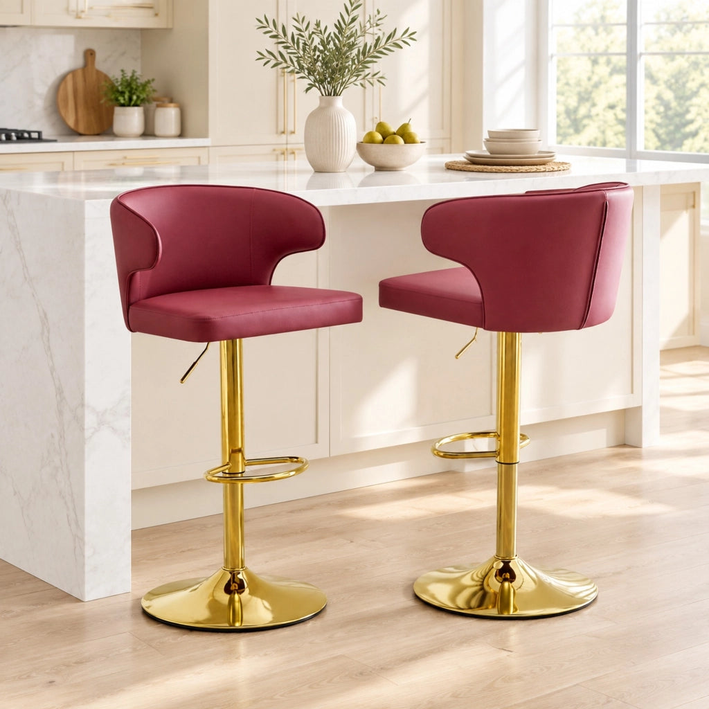 Set 2 sgabelli da bar regolabili e girevoli 360° in PU rosso con schienale HOMVRA