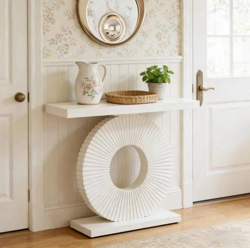 Tavolo consolle bianco in MDF e metallo con base geometrica floreale