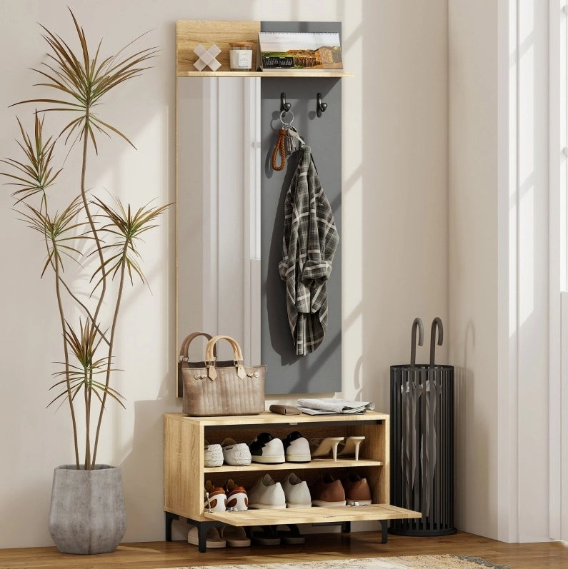 Set Appendiabiti con Specchio, Panca Porta Scarpe e Ripiano Aperto in MDF Naturale e Grigio per Ingresso