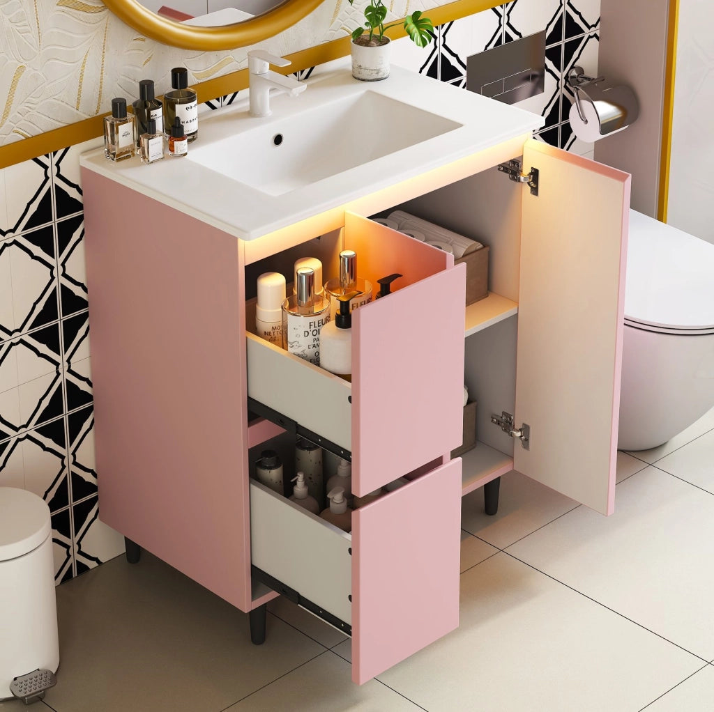 Mobile lavabo bagno 76x47x89 cm rosa MDF e ceramica, LED con sensore radar