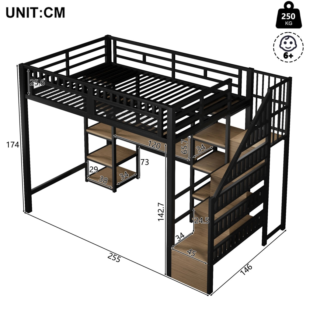 Letto a soppalco 140x200 cm con scrivania, LED e USB in ferro e MDF nero