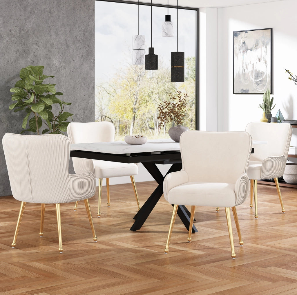 Set di 2 Sedie da Pranzo in Velluto Beige con Gambe Metalliche Dorate Regolabili e Braccioli