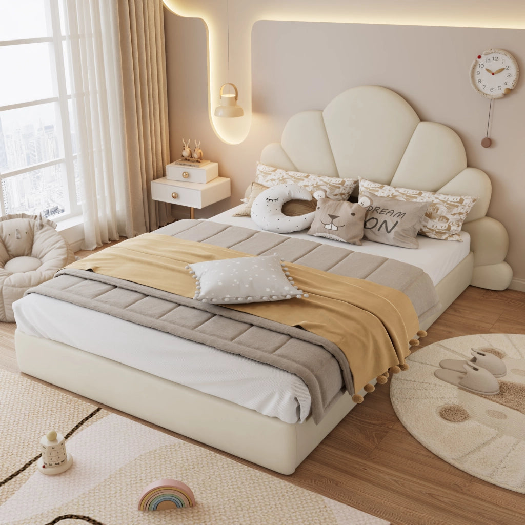 Letto matrimoniale imbottito 140 ¡Á 200 cm in velluto beige con testiera a forma di fiore e rete a doghe