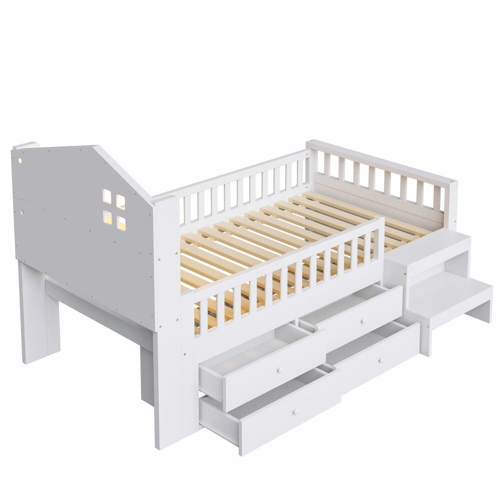 Letto per bambini 90x200 cm con 4 cassetti, LED, USB e USB-C bianco