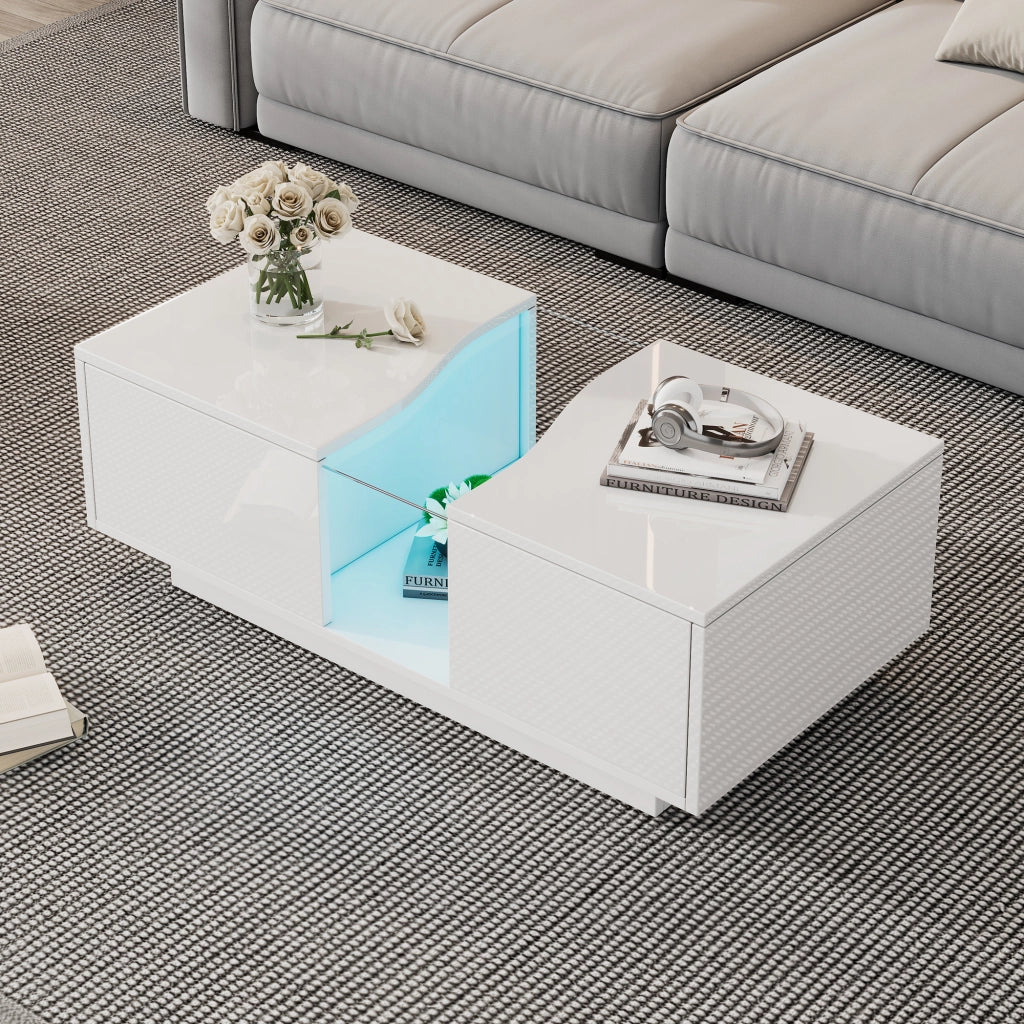 Tavolino da salotto con illuminazione LED 100 x 50 x 35 cm in MDF bianco lucido con 2 cassetti