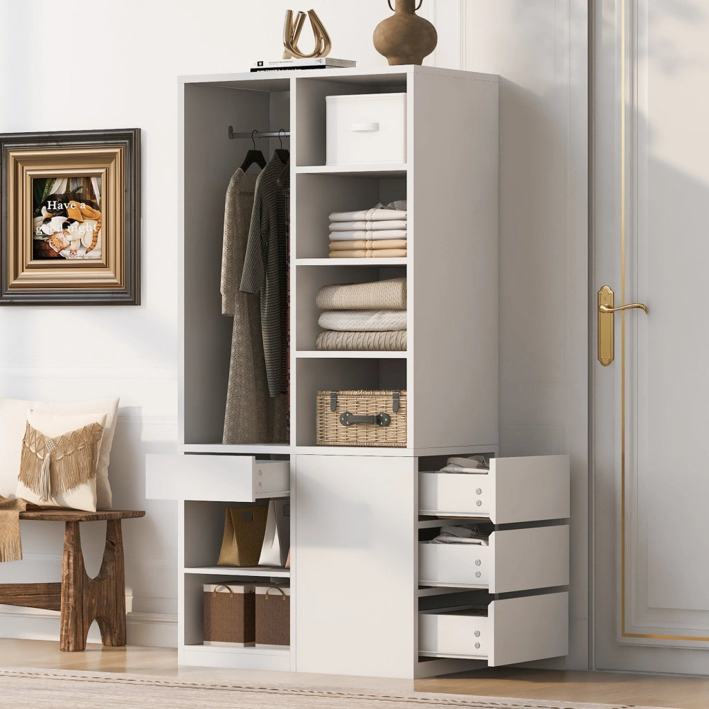 Armadio con cassetti, ripiani aperti e barra appendiabiti per camera da letto, in MDF bianco, 70 × 50 × 170 cm