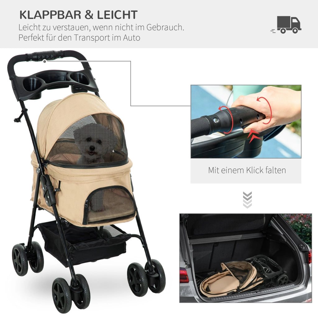 Passeggino per animali pieghevole in tessuto oxford khaki con ruote anteriori girevoli e freni 67 × 45 × 96 cm