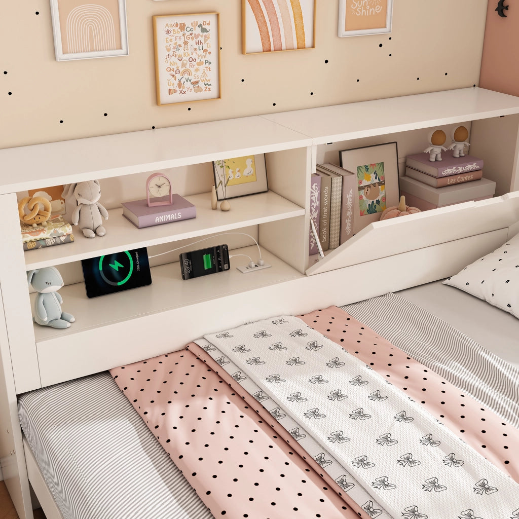 Letto divano 90×200 cm con letto estraibile 90×190 cm; vani; USB e USB-C; 2 posti; senza materasso; bianco