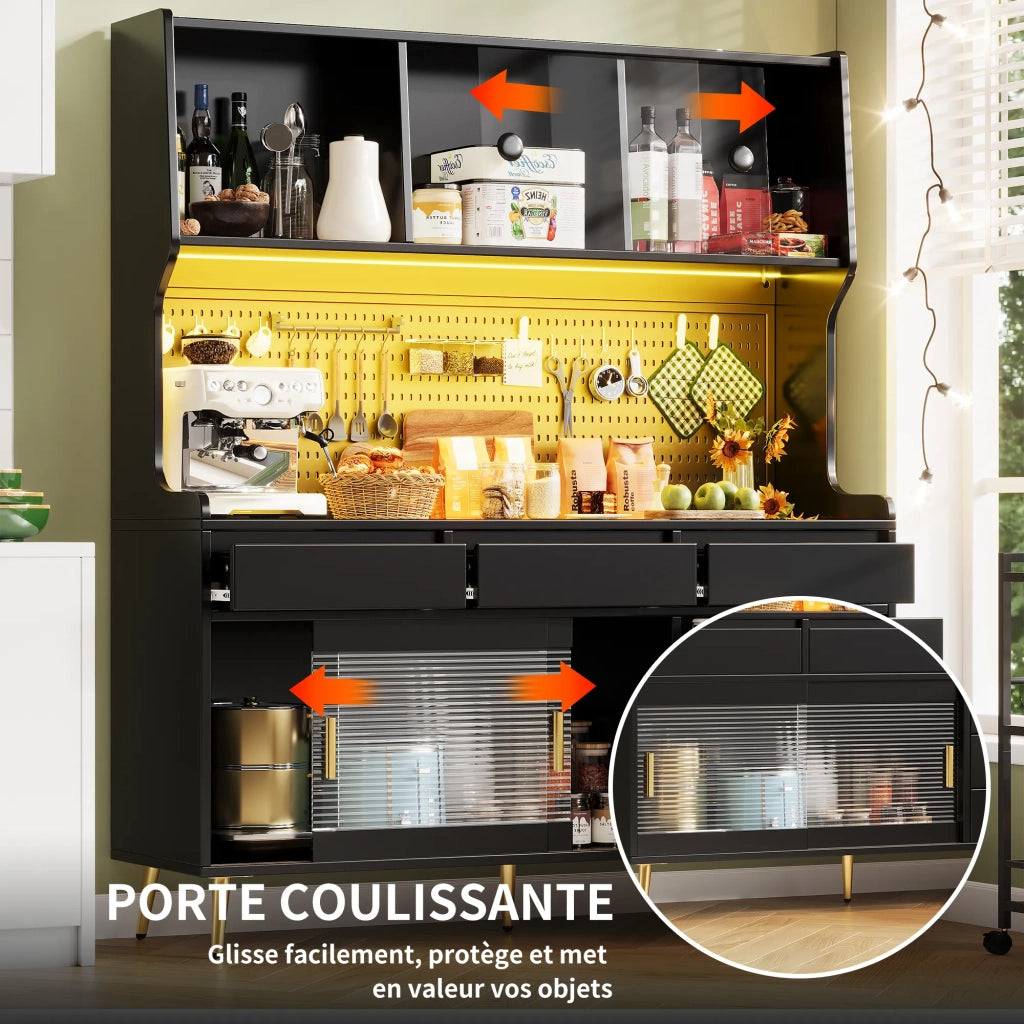 Mobile alto moderno nero 145x39x171 cm con illuminazione LED e controllo app, 1 cassetto, ripiano portaoggetti e pannello forato, per cucina o sala da pranzo