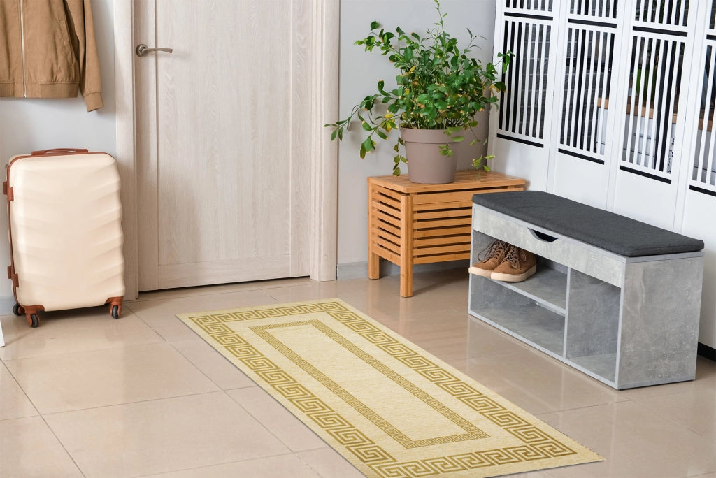 Tappeto Arredo Moderno Morbido in Ciniglia Ingresso Antiscivolo Prodotto Italiano  Soggiorno Camera Salotto Disegni Piazzati Cotone Varie Misure Grande Atena/Champagne - 65x175 cm