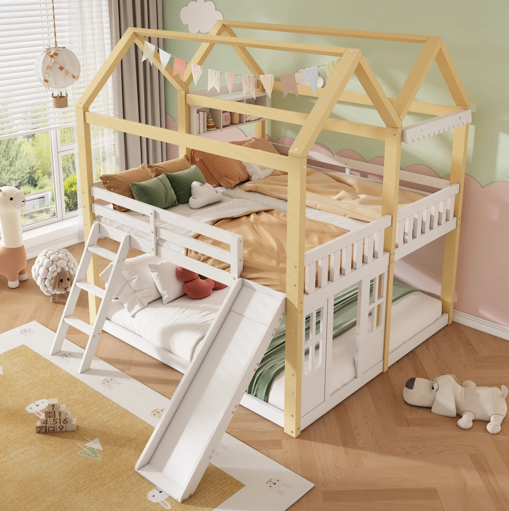 Letto a castello per bambini 90x200 cm con scivolo e scaletta, design casa in bianco e legno naturale, letto semialto con area gioco e porta, montaggio modulare a sinistra o destra
