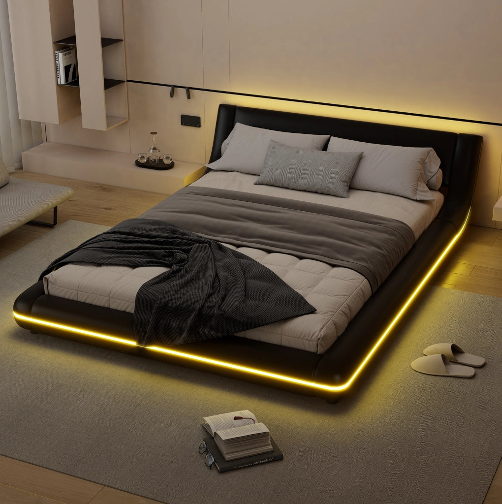 LETTO a pavimento 140x200 cm PU Nero con illuminazione LED