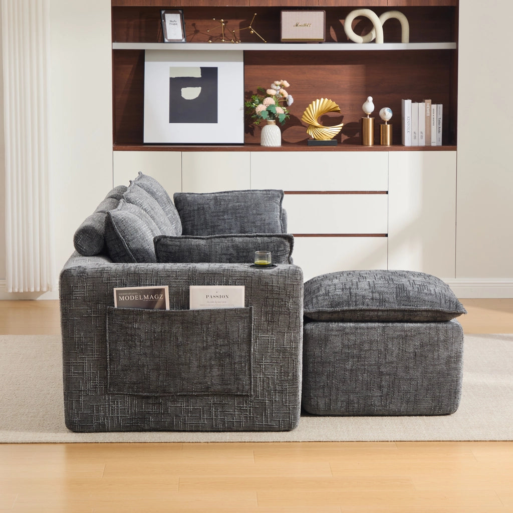 Divano modulare 3 posti con tasche laterali e cuscini - in chenille grigio scuro