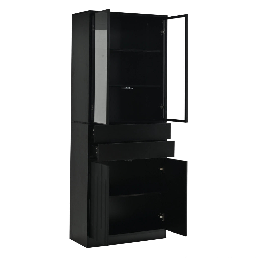 Set di 2 Vetrine Nero 70×34×180 cm in Truciolato con 2 Ante in Vetro, 2 Cassetti e Illuminazione LED Bluetooth