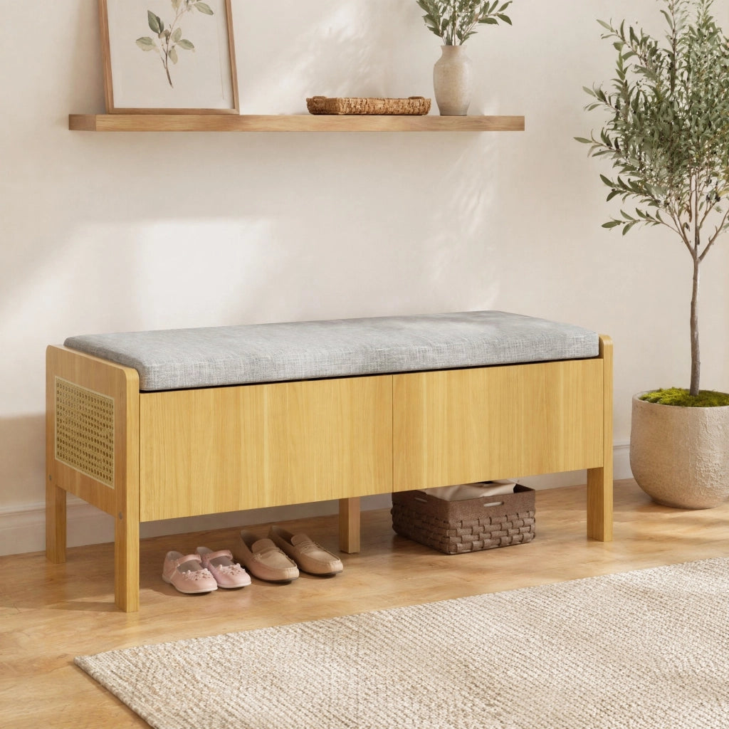 Panca contenitore 113 cm in bamb¨´ e MDF con lati in rattan grigio naturale HAVRYA