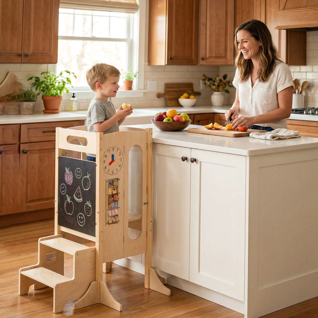 Torre pieghevole bambini sgabello cucina legno 2 scalini rete sicurezza, Torre apprendimento lavagna giochi montessori bambini 3+ anni Naturale