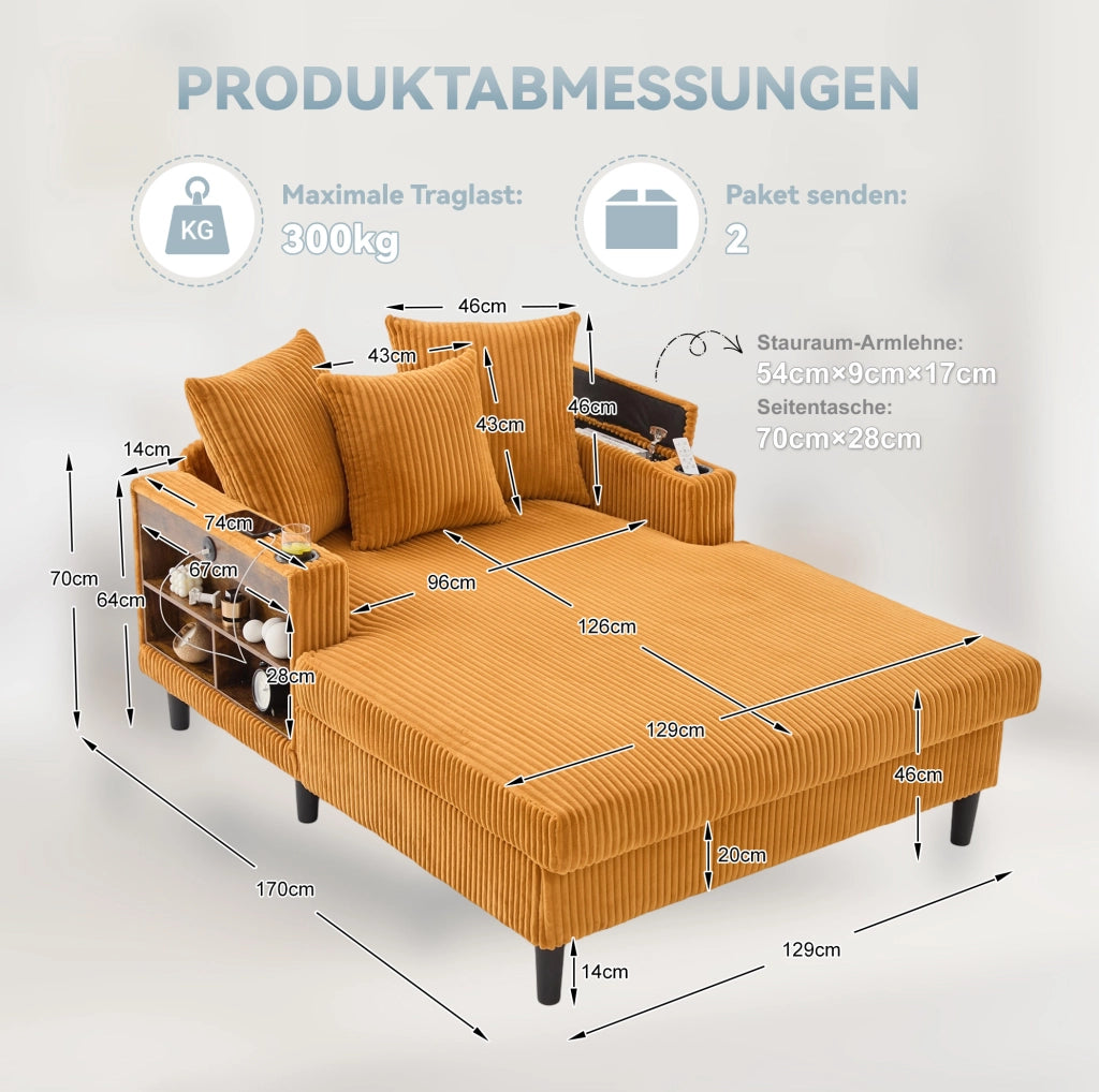 Chaise longue in velluto a coste giallo senape con LED e USB