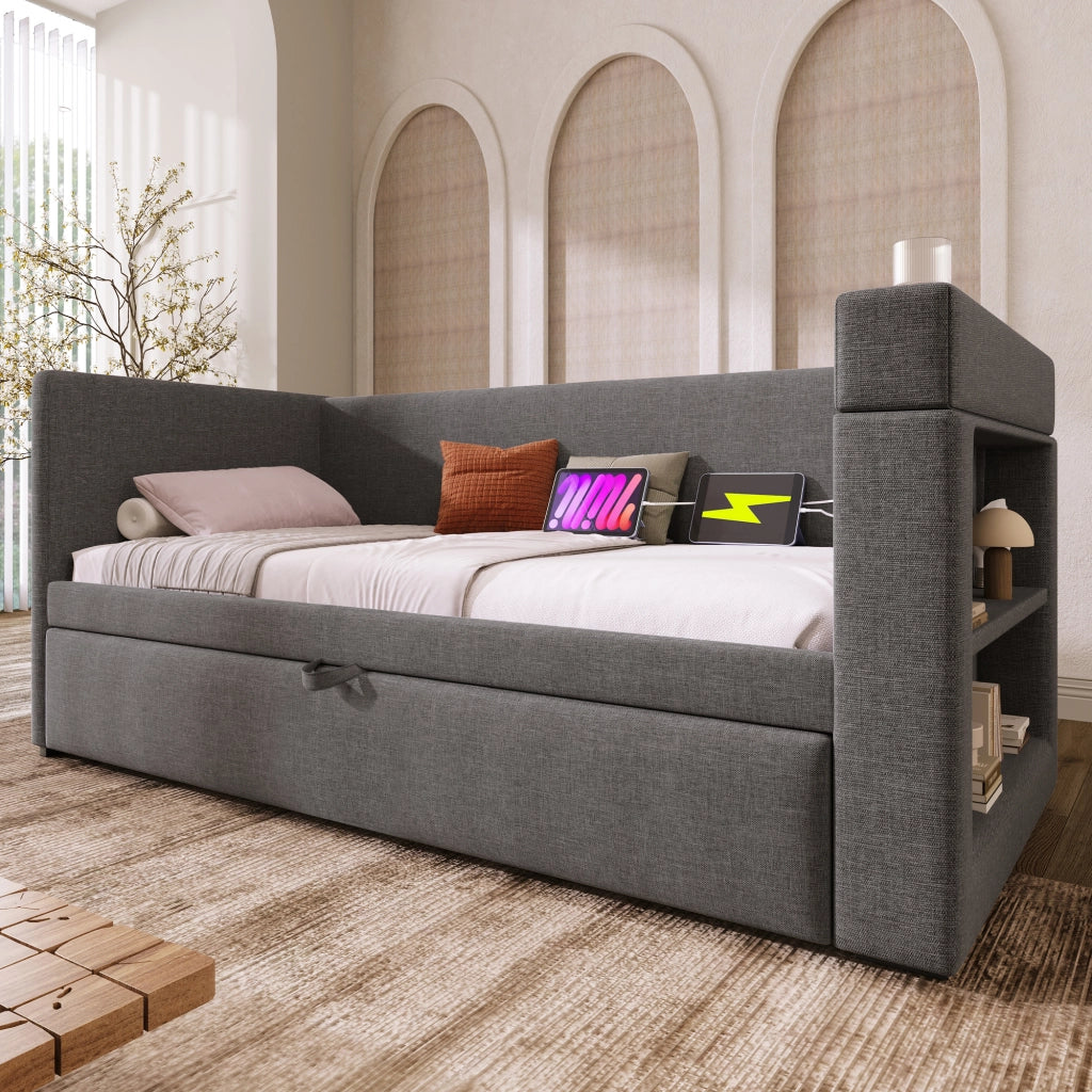 Letto con letto estraibile 90 × 190 cm con USB e Type-C portabevande braccioli reversibili cotone e lino grigio