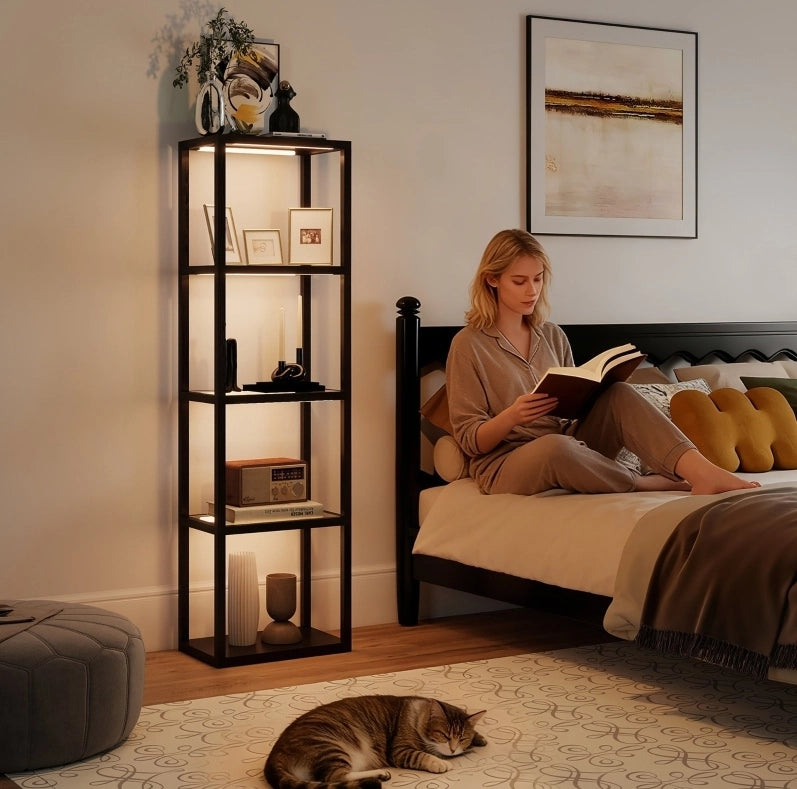 Lampada da Terra LED RGB con Ripiani in Vetro, 4 Livelli, Telecomando e Sincronizzazione Musica, Nero