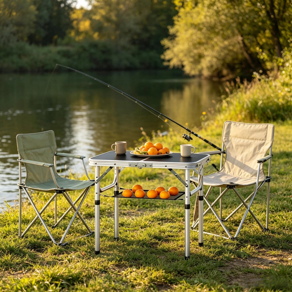 Tavolo da giardino bistrot pieghevole con rete portaoggetti e 4 altezze regolabili per esterno in MDF e alluminio 60x40 cm nero