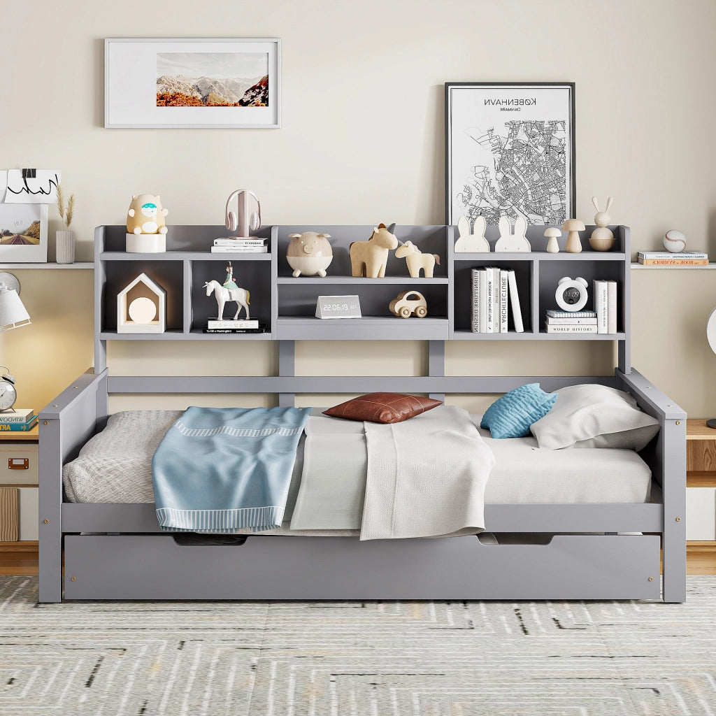 Letto con letto estraibile 90 × 200 cm con secondo letto 90 × 190 cm ripiani posteriori rete a doghe legno grigio