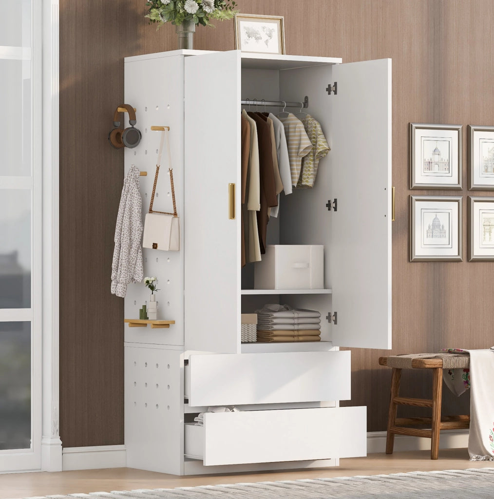 Armadio multifunzione 70x50x170 cm con 2 cassetti; vani nascosti e pannello forato bianco