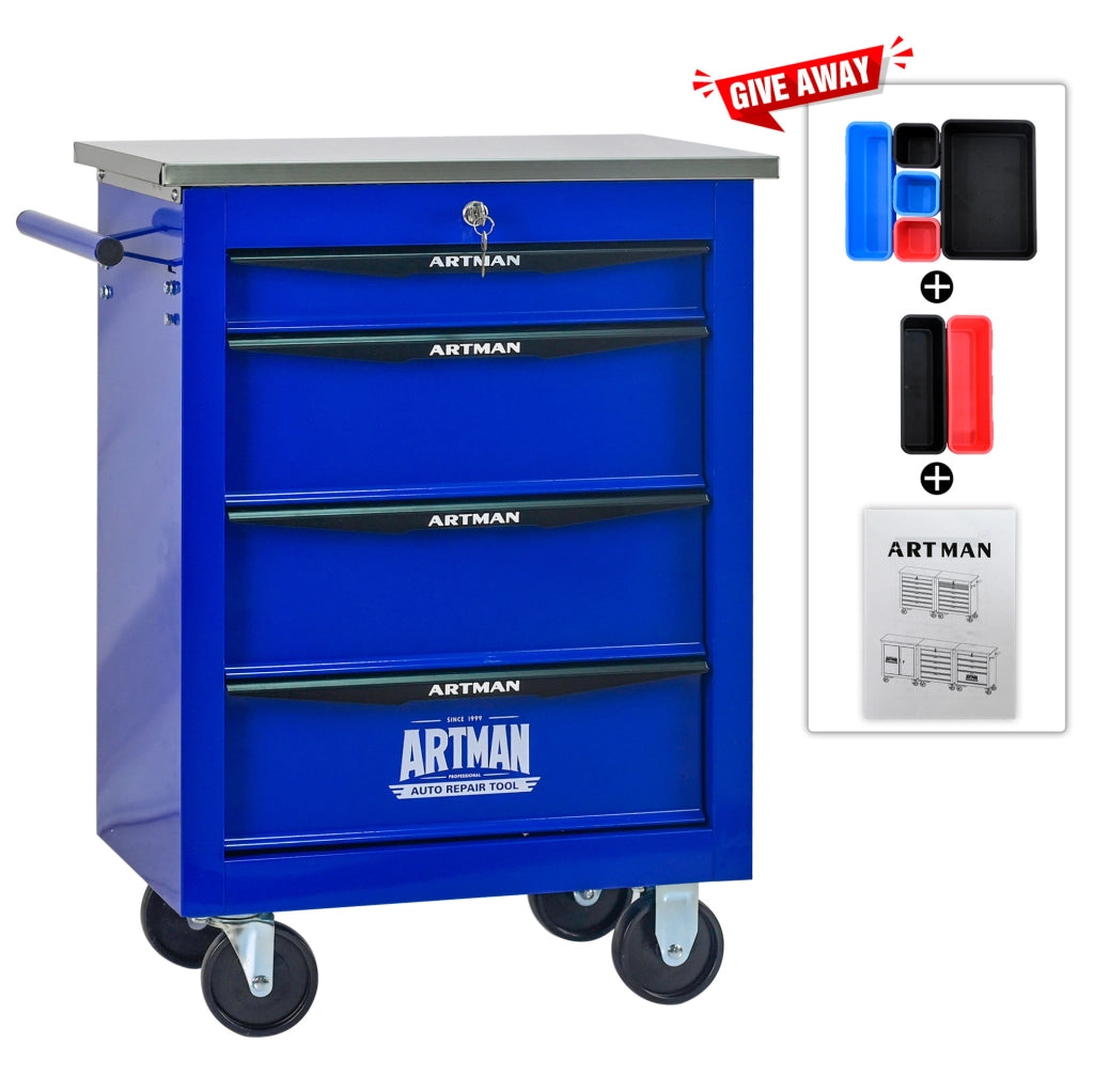 Carrello officina multifunzionale a 4 cassetti con ruote, struttura in acciaio verniciato, con piano in acciaio inox, nero e blu, 62,5x34,5x78 cm
