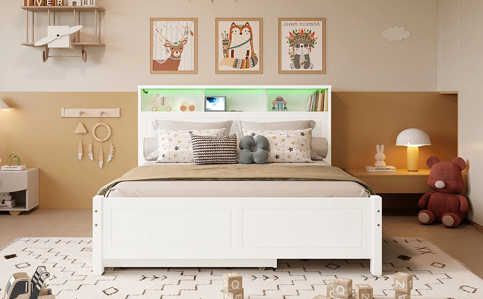 Letto una piazza e mezza 120x200 cm con secondo letto estraibile; pino e MDF; bianco; LED
