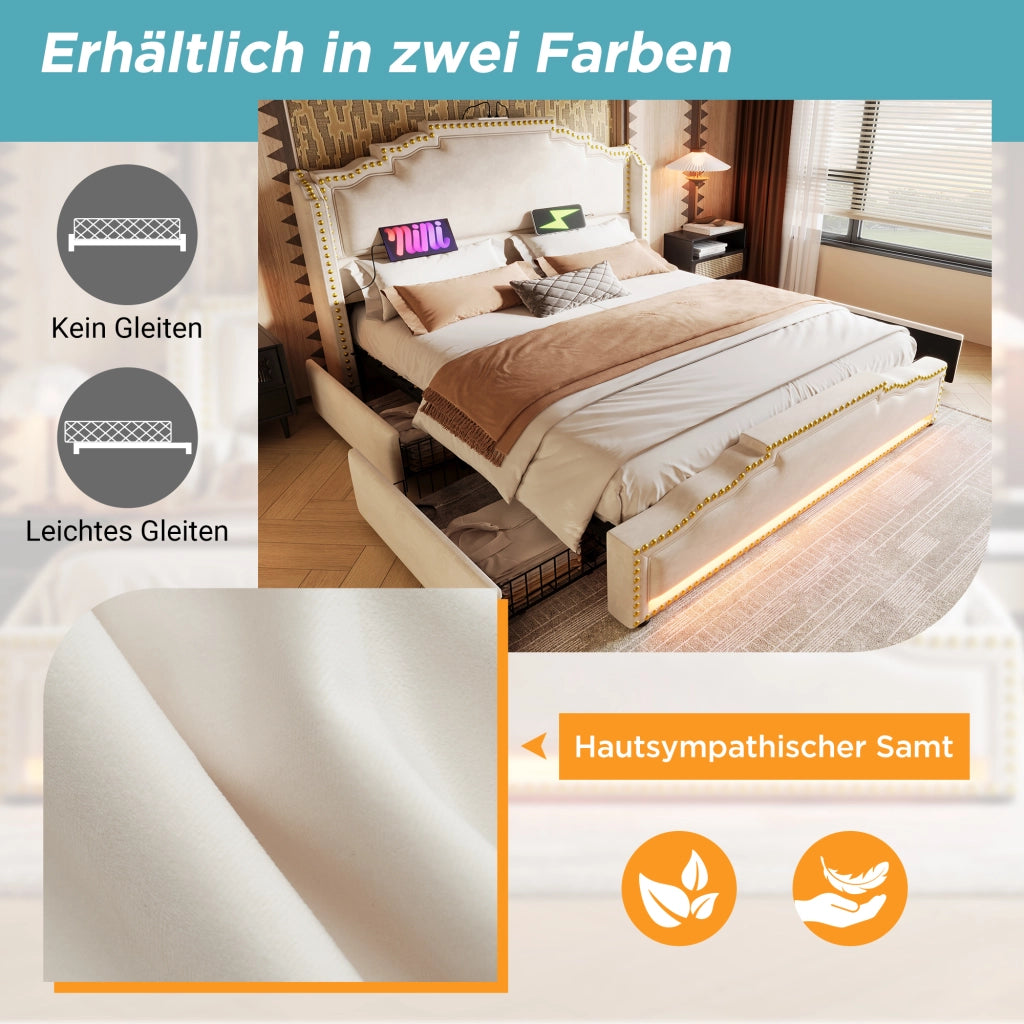 Letto Contenitore Matrimoniale Imbottito 140x200 cm con LED; USB; USB-C; Cassetti; Beige