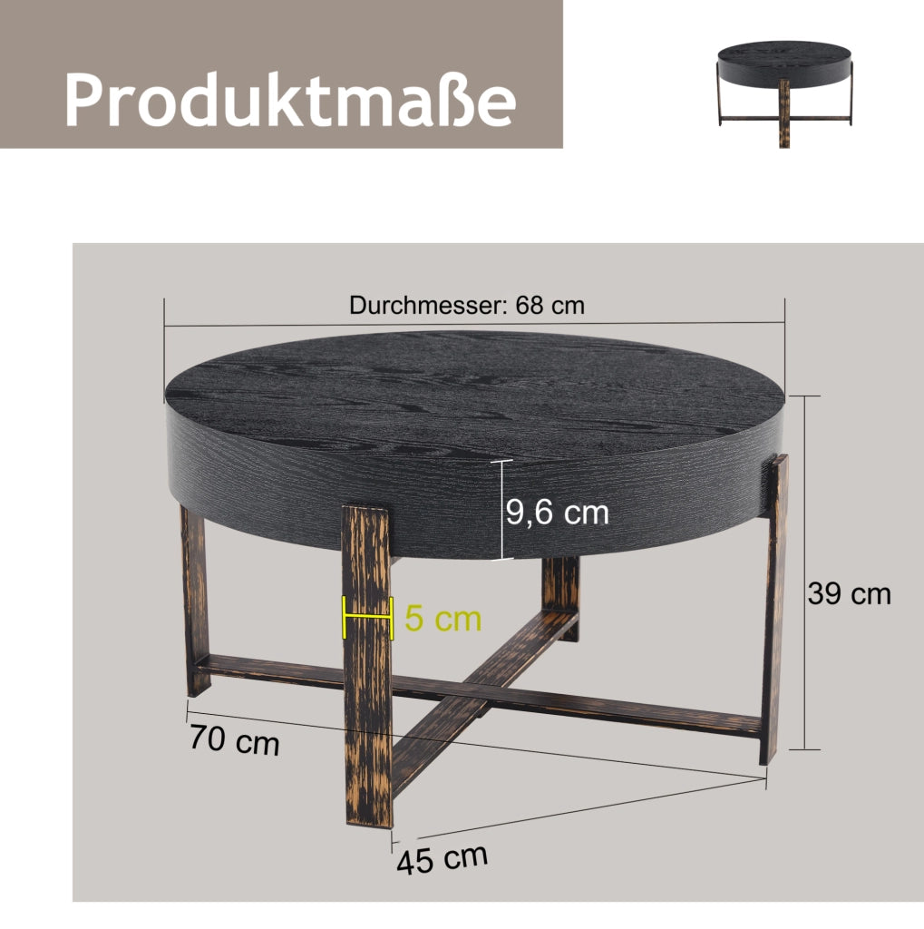 Tavolino laterale rotondo ? 68 cm in MDF e metallo nero con base a croce