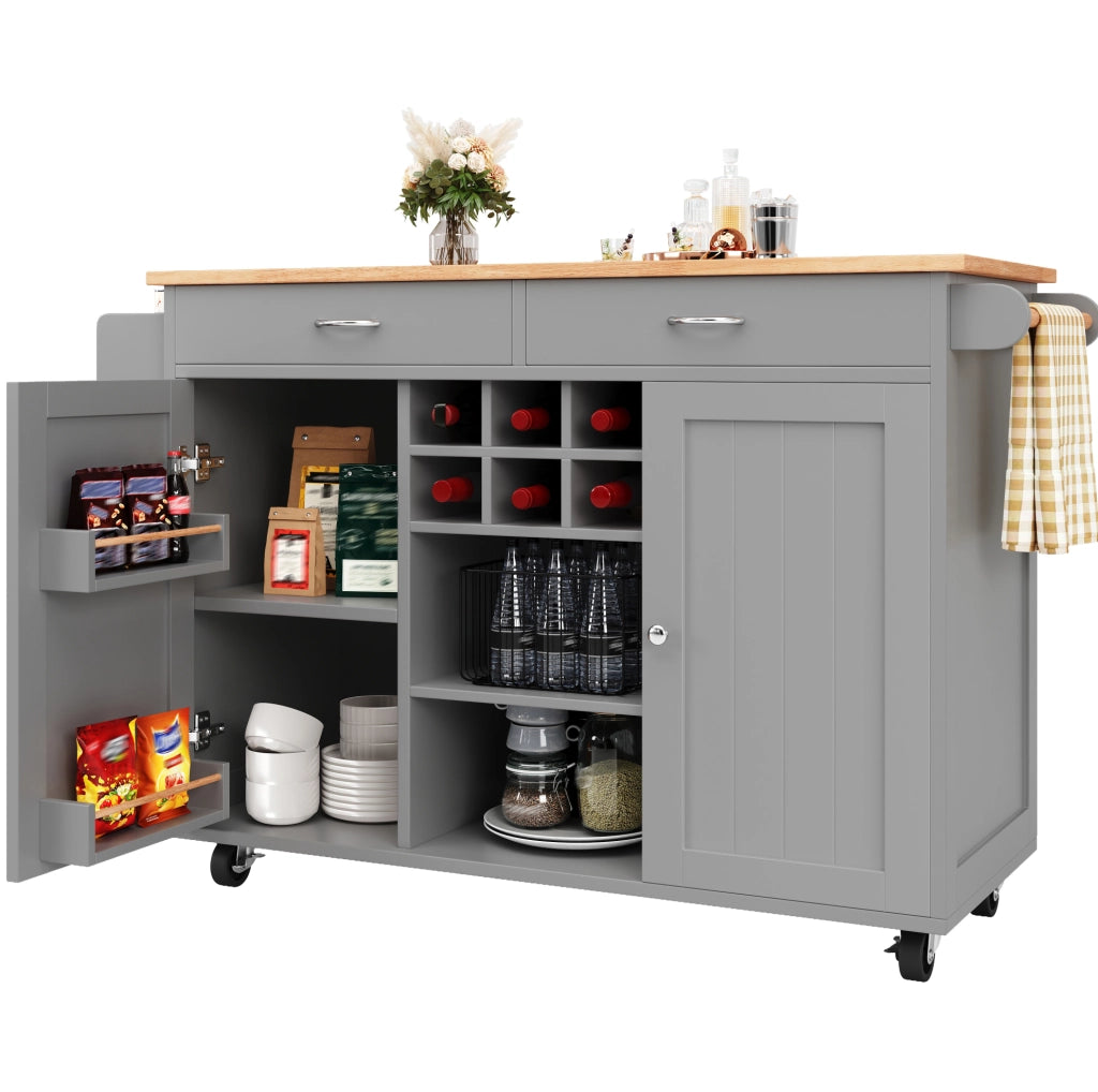 Isola da cucina con ruote e portabottiglie 102x45x92 cm in MDF e metallo grigio