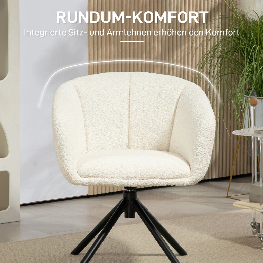 Poltrona Lounge con Braccioli, Girevole a 360°, Rivestimento in Lino Crema, Gambe in Metallo per Soggiorno e Camera da Letto